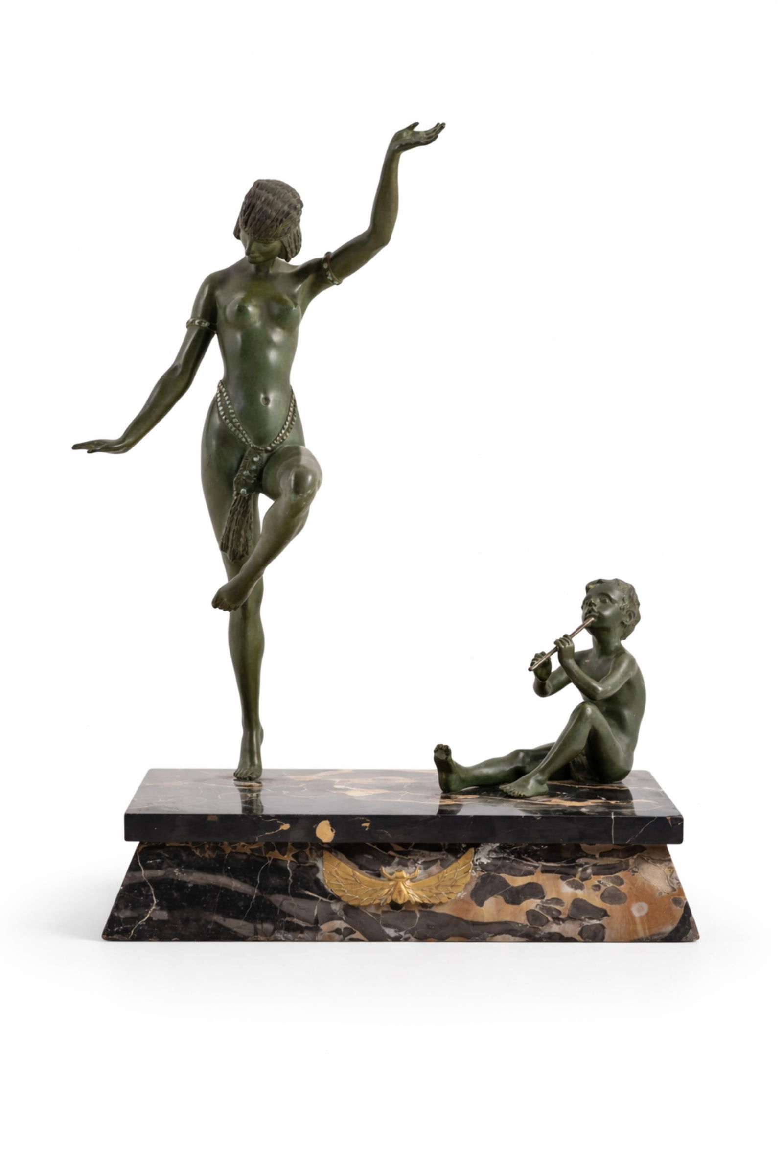 Emilie Adolphe Monier, Egyptian Dancer Bronze Sculpture, signed c.1930: Keywords: Art Nouveau, Belle Epoque, Jugendstil, Modernist Sculpture, Early 20th Century Art, Deco Sculpture, Bronze, Marble base, Early 20th century, Figurative sculptureSummary:Emile Adolphe Monier