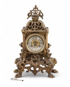Neo-Gothic Bronze Mantel Clock with Enameled Dial, 19th Century