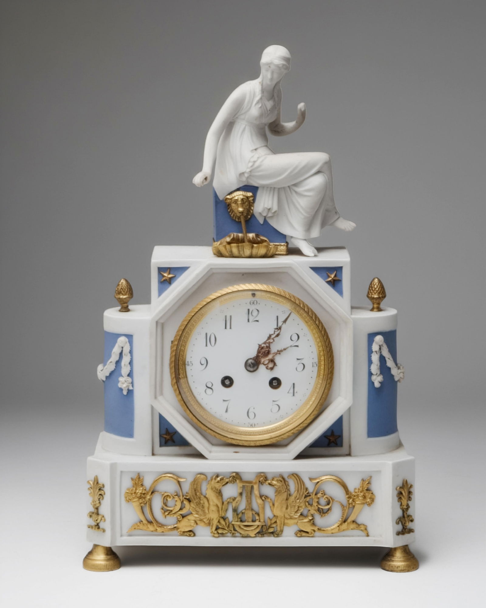 Wedgwood Style Clock, Spinner, 19th Century: Keywords: Neoclassical Design, Louis XVI Period, French Work 18th Century French Horology, marble and gilt bronze, 19th century, porcelain figure mount, horology, allegorical motif, ormolu mountsSumma