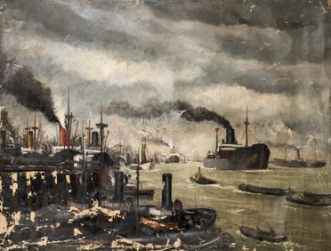 Joseph Marie Tournier, France, ‘View of the Port with Liners’ Oil Painting on Canvas, signed