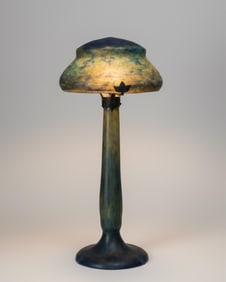 Important Daum Nancy Art Nouveau Table Lamp, Marbled Art Glass Mushroom Shade, C.1920, Signed