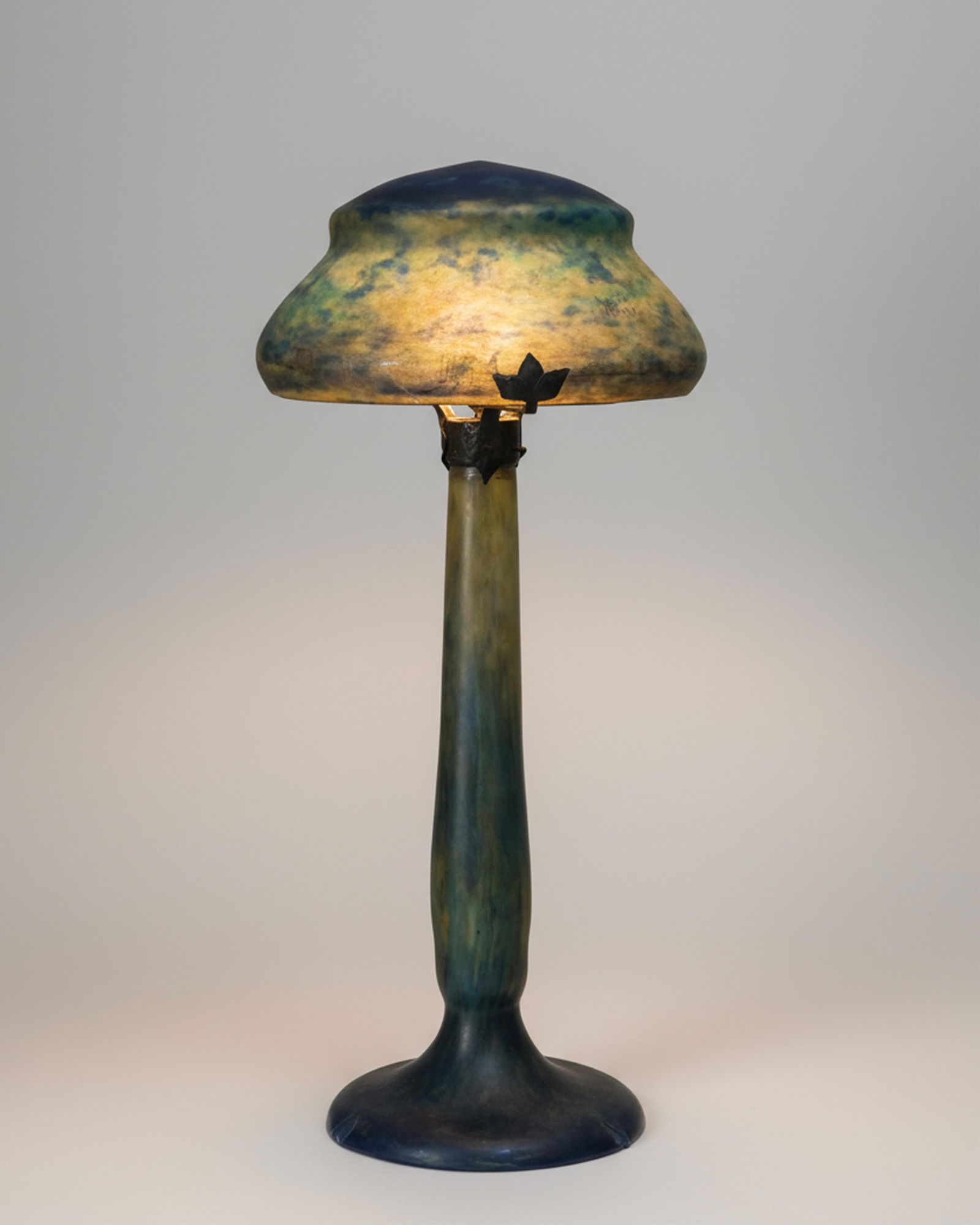 Important Daum Nancy Art Nouveau Table Lamp, Marbled Art Glass Mushroom Shade, C.1920, Signed (1 of 14)