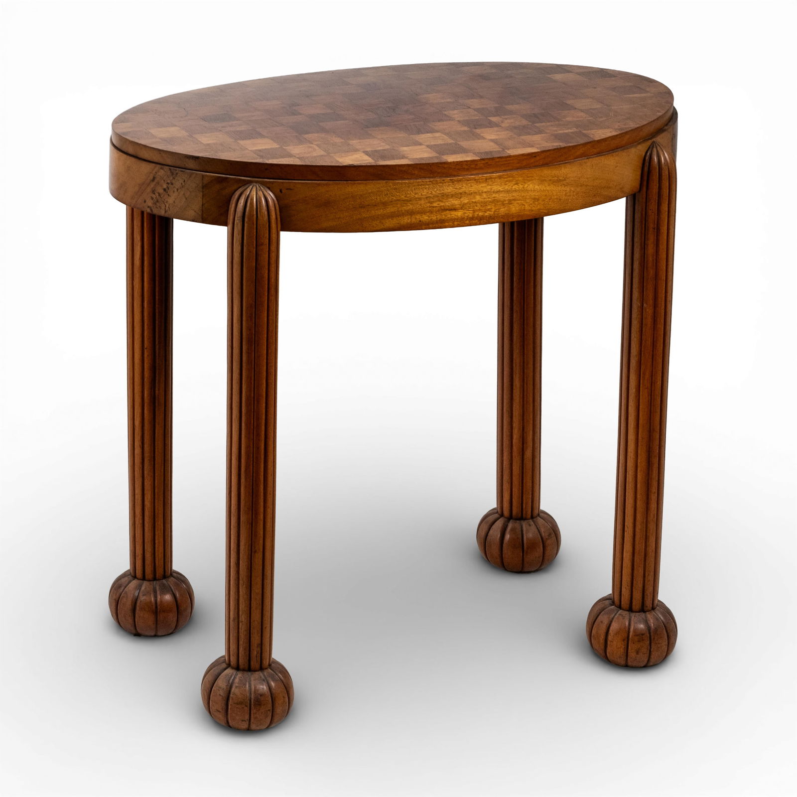 Art Nouveau- Art Deco Oval Checkerboard Pattern Inlaid Table, c 1910: Keywords: Vienna Secession movement, early modern design period, Jugendstil influence, solid hardwood construction, parquetry tabletop design, checkerboard inlay pattern, turn of the century era, earl