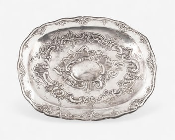 Early 18th Century English Silver Tray with Rocaille and Floral Embossing, 702g
