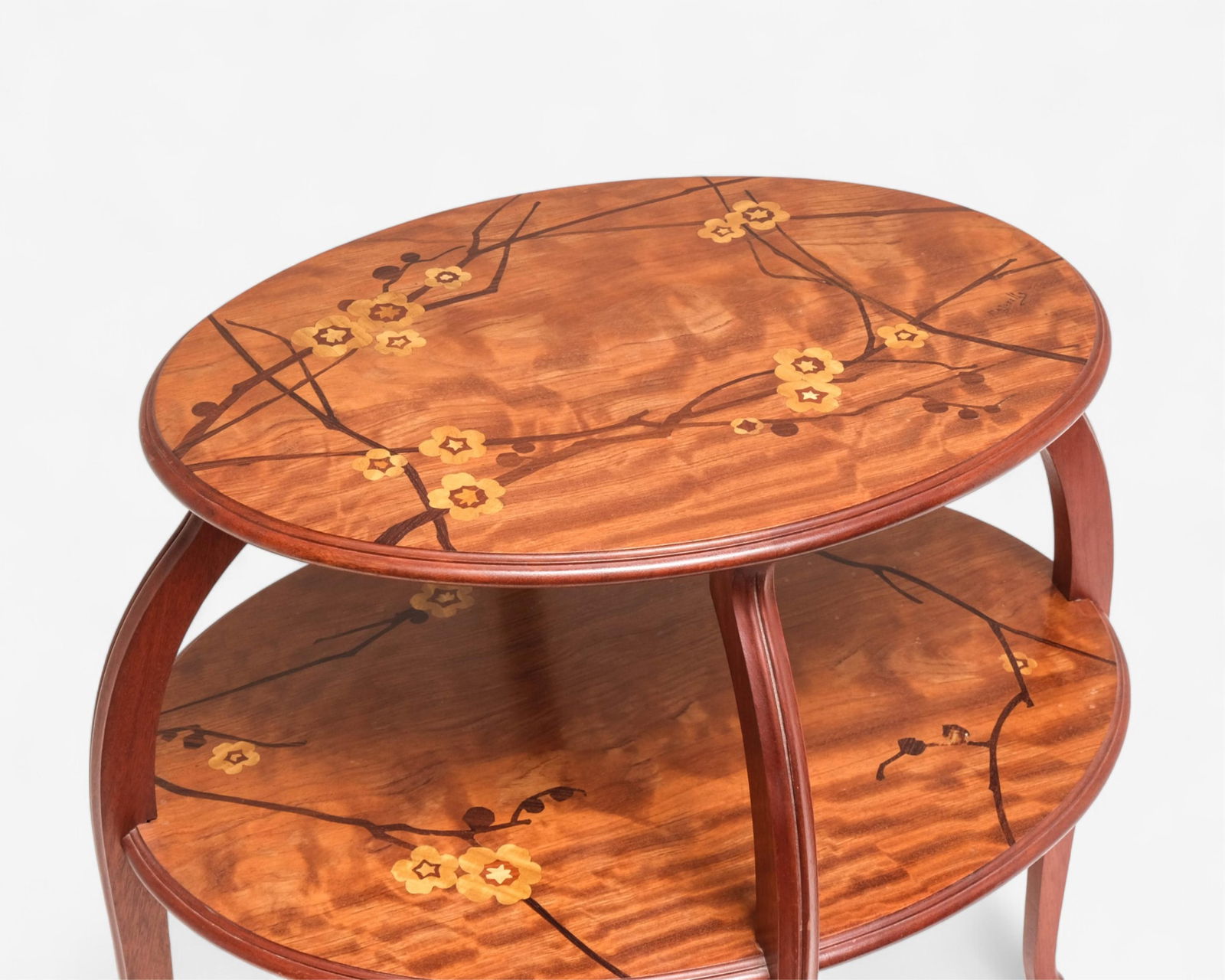 Louis Majorelle Signed Art Nouveau Inlaid two-tier tea table, circa 1905: Keywords: Nancy School, Jugendstil, Tea Table with Inlaid Wood, Center Table, Floral Inlay, Galle Style, Art Nouveau Movement, Belle Époque Design, French Decorative Arts, Symbolist Furniture, Turn-o