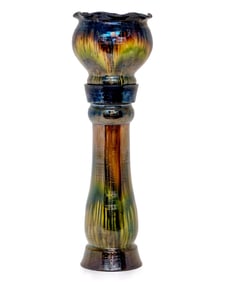 Tall Flemish Art Nouveau Polychrome Art Pottery Planter on Pedestal, Early 20th Century