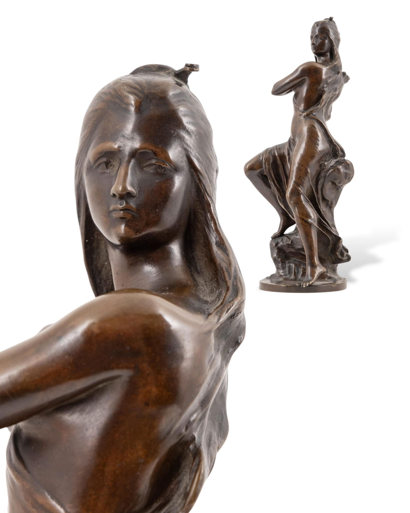 Signed Raoul Larche Art Nouveau Bronze “Bethsheba", Circa 1900, Siot Decauville Foundry Marking: Keywords: Raoul Larche sculpture, Bethsheba bronze, French Art Nouveau, early 20th century bronze, Siot Decauville foundry, signed bronze, decorative arts, patinated bronze, biblical figure sculpture,