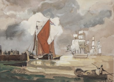 Jean-Gabriel Domergue Maritime Watercolor and Gouache Painting, Circa 1920, Signed