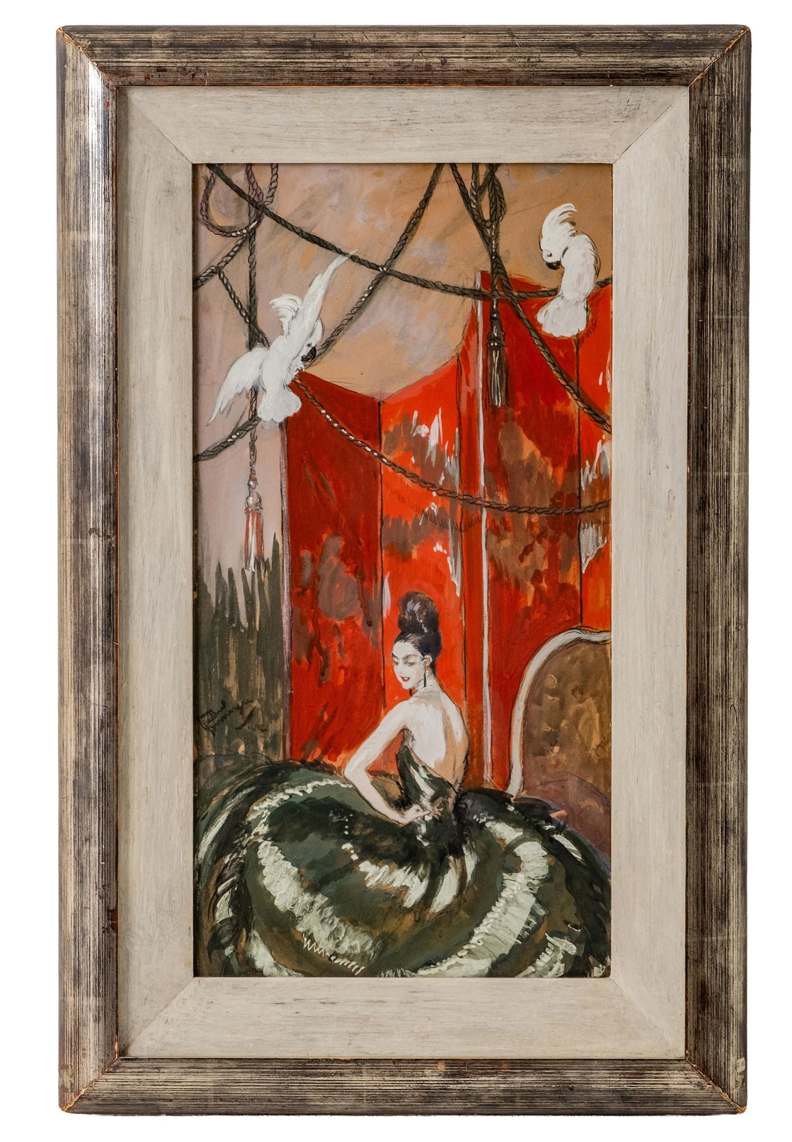 Jean-Gabriel Domergue Important Gouache Watercolor Painting w. Prov., Signed: Keywords: Belle Époque, early 20th century French art, Parisian society portraiture, cabaret theme, feminine elegance, Wall Art, Fine Art, gouache technique, modernist portrait, pictureSummary:Jean-G