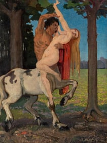 Viktor Theodor Slama, Austrian Art Nouveau, Oil Painting, “Nessus and Deianira", Signed, 1912