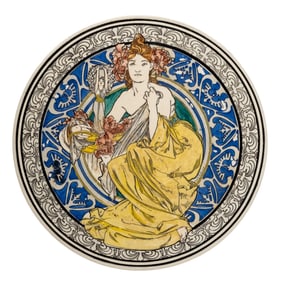 Alfons Mucha, after "Autumn," Round Art Nouveau Earthenware Dish circa 1900
