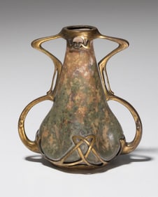 French Art Nouveau Bronze Mounted Pear-Shaped Ceramic Vase with Metallic Mottled Glaze, C.1900