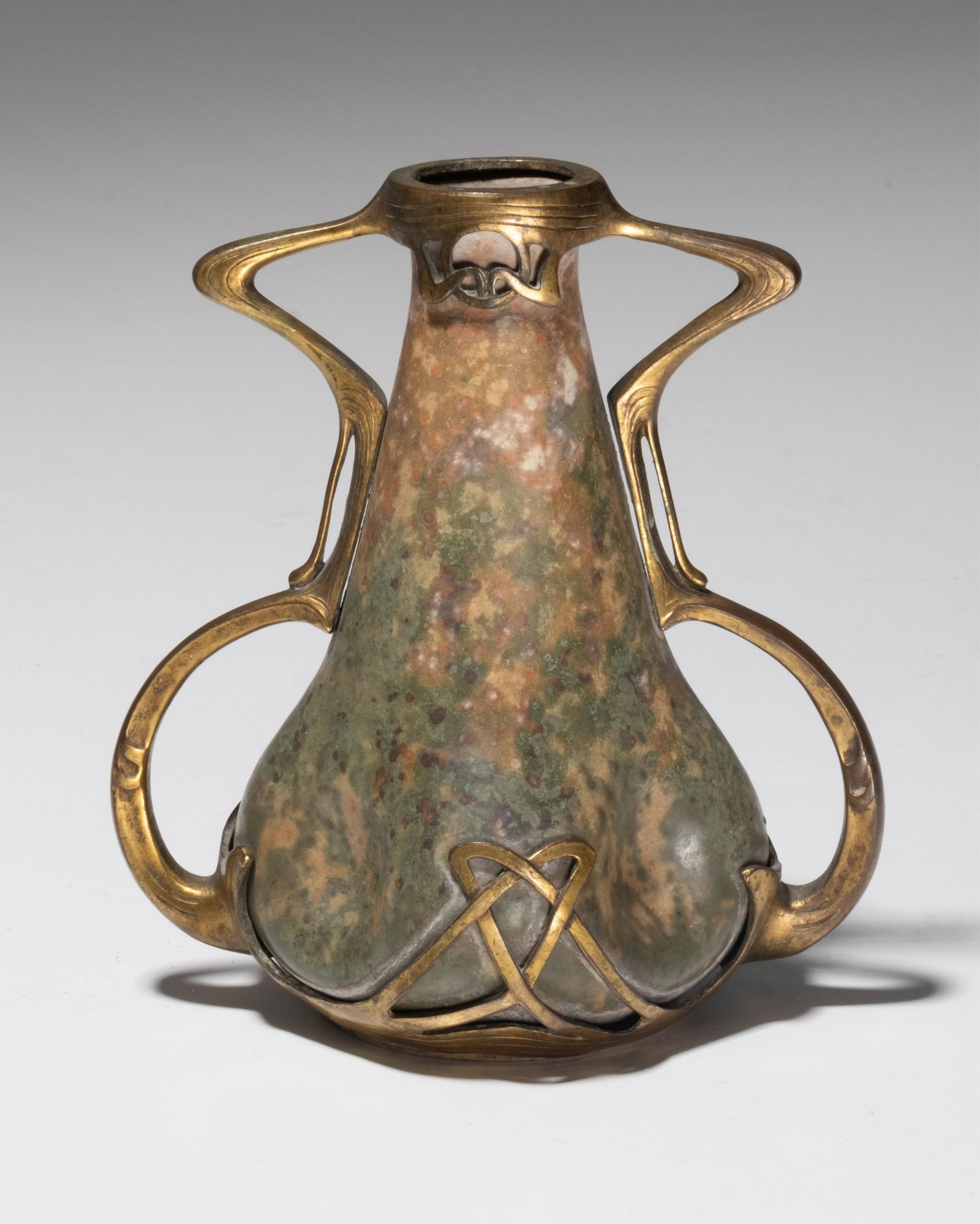 French Art Nouveau Bronze Mounted Pear-Shaped Ceramic Vase with Metallic Mottled Glaze, C.1900 (1 of 8)