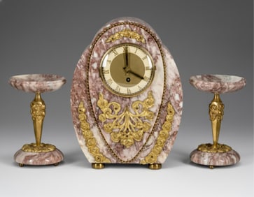 French Art Deco Pink Marble & Ormolu Clock Set, c. 1930