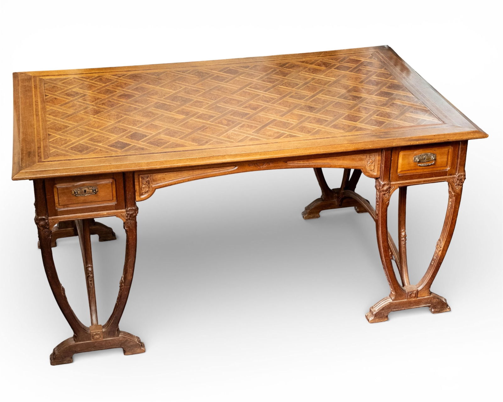 Majorelle Rare Inlaid Art Nouveau Partner's Desk, French, circa 1910: Keywords: Desks, Art Nouveau Furniture, Galle Style, Office Furniture, Jugendstil, 1900's design, Marquetry Inlaid Furniture, Writing Desk, TableSummary:Beautiful Majorelle (attrib) Floral Carved and