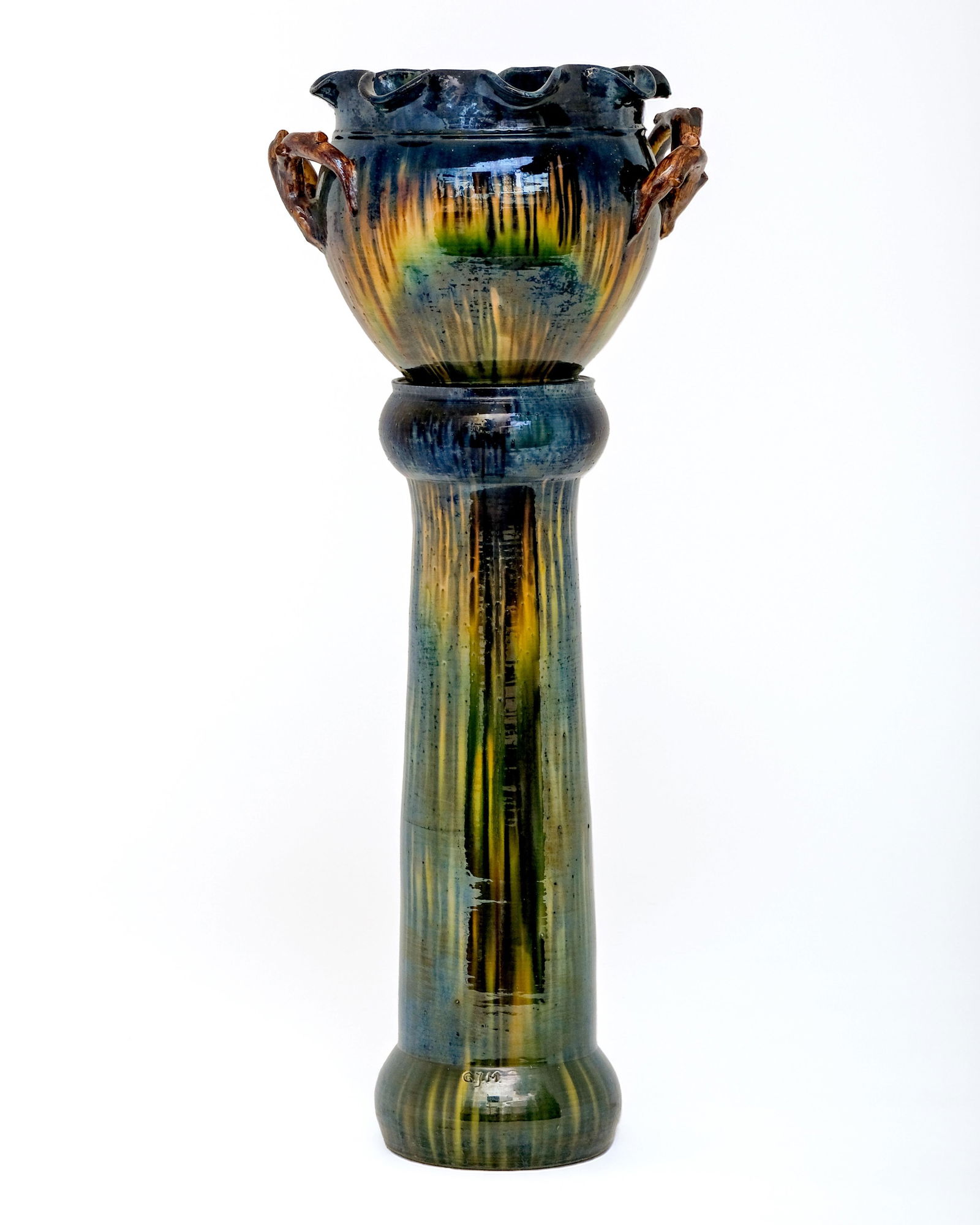 Gilbert Monteyne Signed Art Nouveau Art Pottery Planter on Pedestal, Early 20th Century: Keywords: No reserve, Belgium, Flemish pottery, art pottery, signed ceramic, polychrome glaze, pedestal planter, jardinière, decorative arts, early 20th century, jugendstil, antique potterySummary:Si