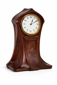 Majorelle Art Nouveau Carved Walnut Clock, Enameled Dial with Arabic numerals, Unsigned