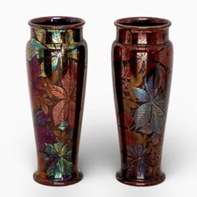 “Giens", France 12.5 Inch Art Nouveau Metallic Glaze Vase with Hand Painted Floral Design