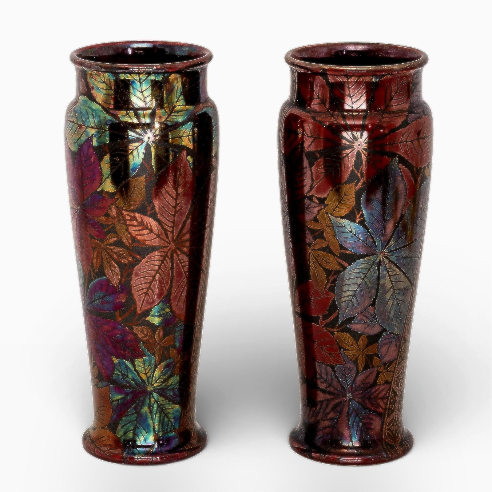 “Giens", France 12.5 Inch Art Nouveau Metallic Glaze Vase with Hand Painted Floral Design: Keywords: Jugendstil movement, Belle Époque design, glazed earthenware, enameled pottery finish, turn-of-the-century, French decorative ceramics, Secessionist style influence, Center PieceSummary:Pai