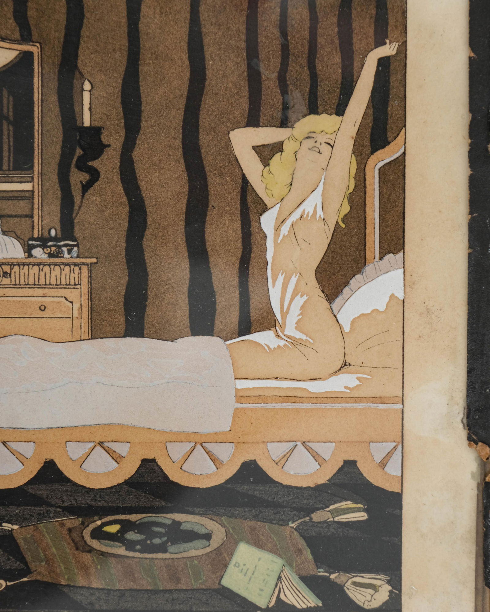 Tito (20th Century), Signed Art Deco Watercolor Painting, Wake-Up Time: Keywords: No reserve, Art Deco illustration, interwar bedroom scene, female nude in interior, 1920s modernist watercolor, stylized European design, Deco boudoir setting, signed fashion-era art, vintag