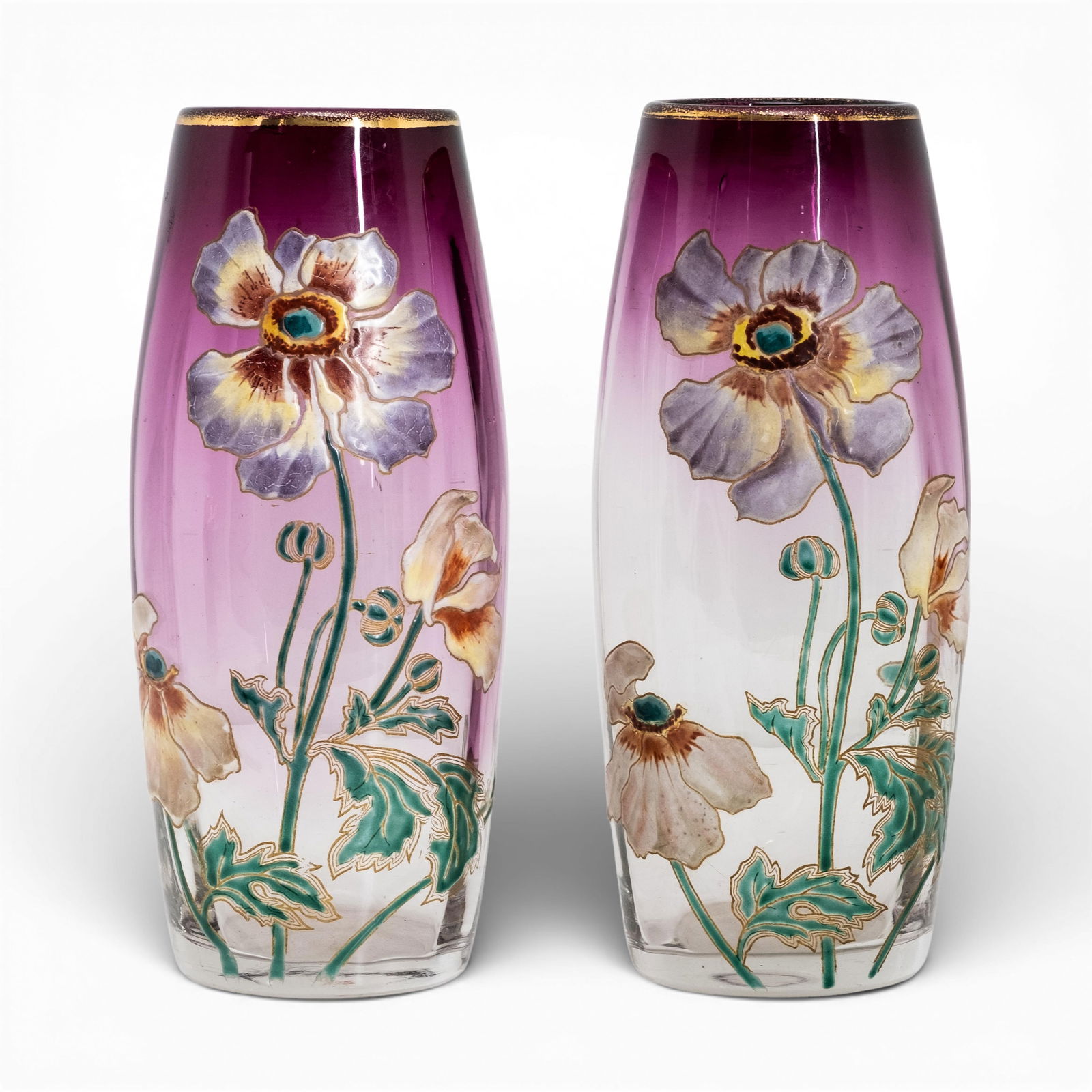 Legras Vases Art Nouveau Hand Painted Enamel Floral Design on Clear to Amethyst, unsigned (1 of 10)