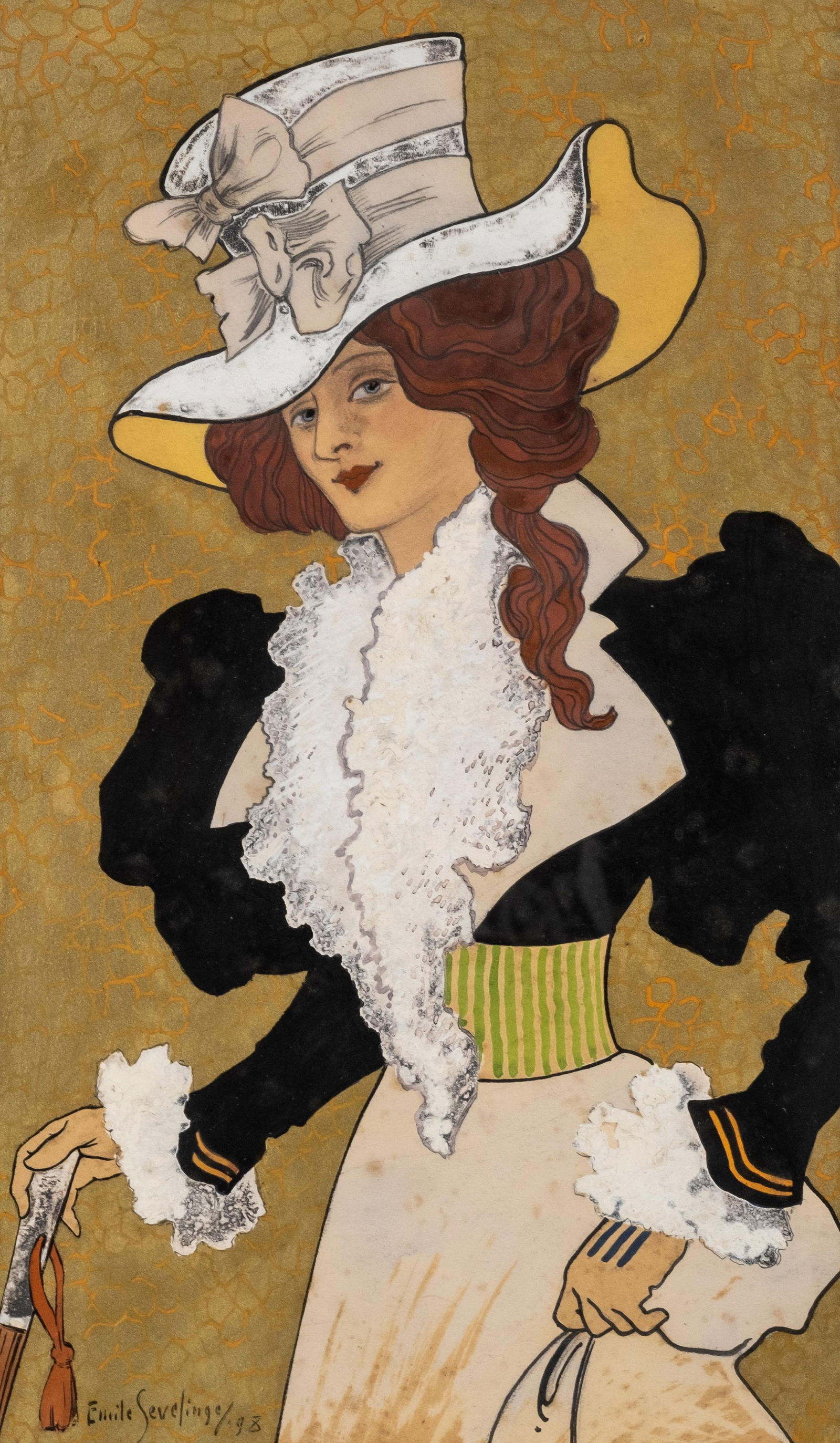 Emile Sevelinge Signed French Art Nouveau Gouache, Indian Ink, Gold Paint on Paper Painting, 1898 (1 of 9)