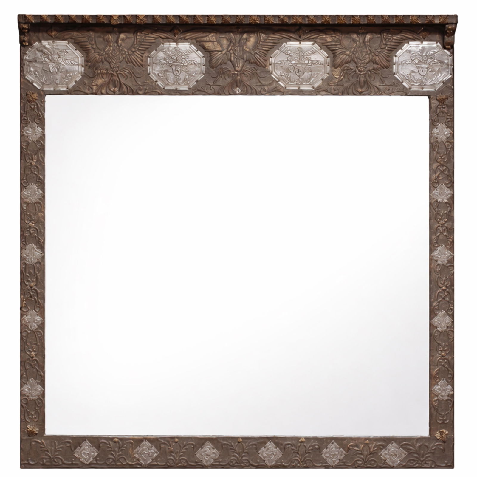 Large Exceptional Art Nouveau Mantel Mirror Multi Metal with Repousse Designs: Keywords: Secessionist movement, Jugendstil influence, decorative wall frame, fireplace overmantel decor, European decorative metalwork, luxury interior accent, Wall MirrorSummary:Large Exceptional Ar