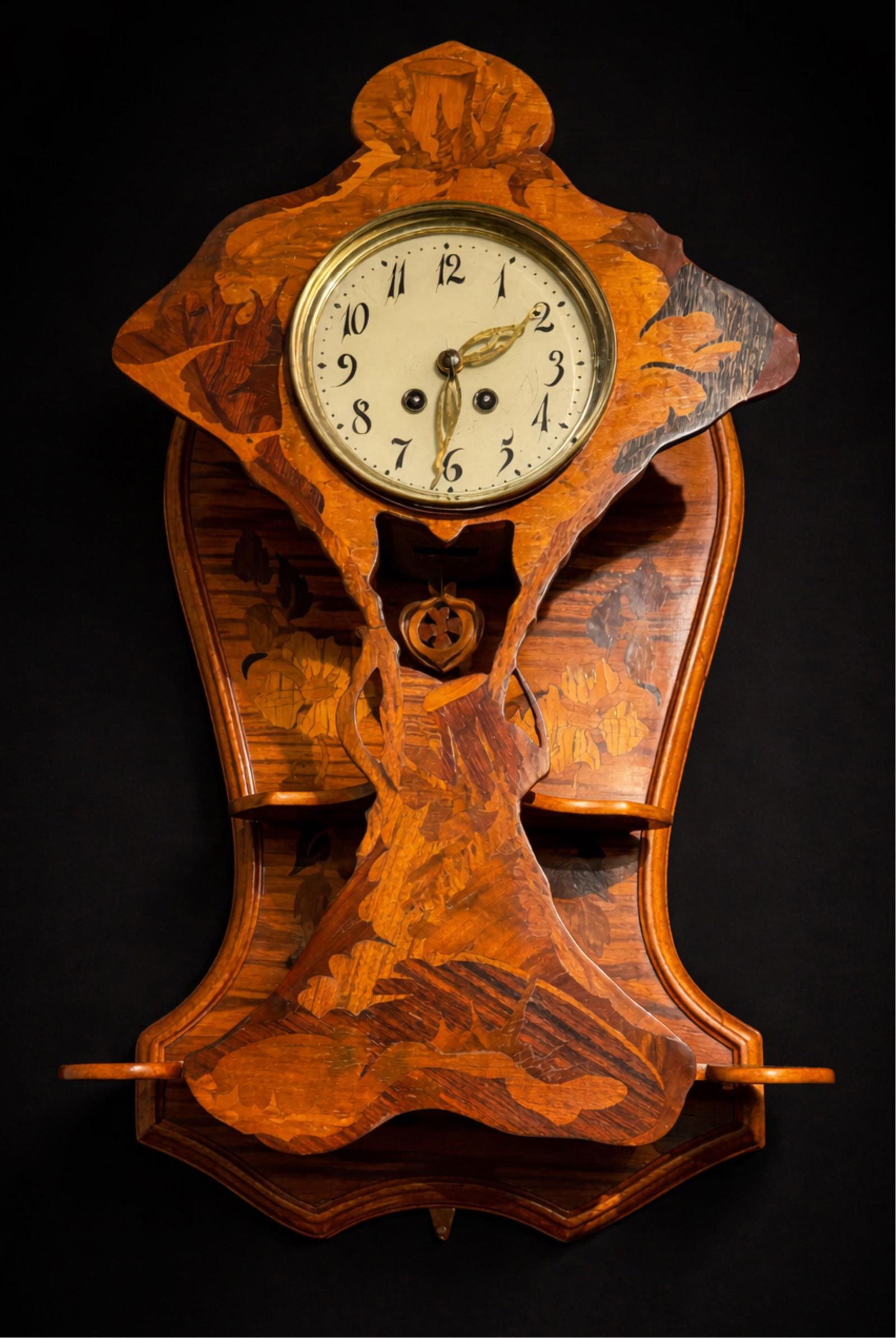 Majorelle Signed, 32inch tall Art Nouveau Marquetry Etagere Wall Clock, Circa 1900: Keywords: Nancy School, marquetry, wall clock, striking clock, French design, early 20th century, decorative arts, horology, floral motif, fine craftsmanship, École de Nancy, signed furnitureSummary: