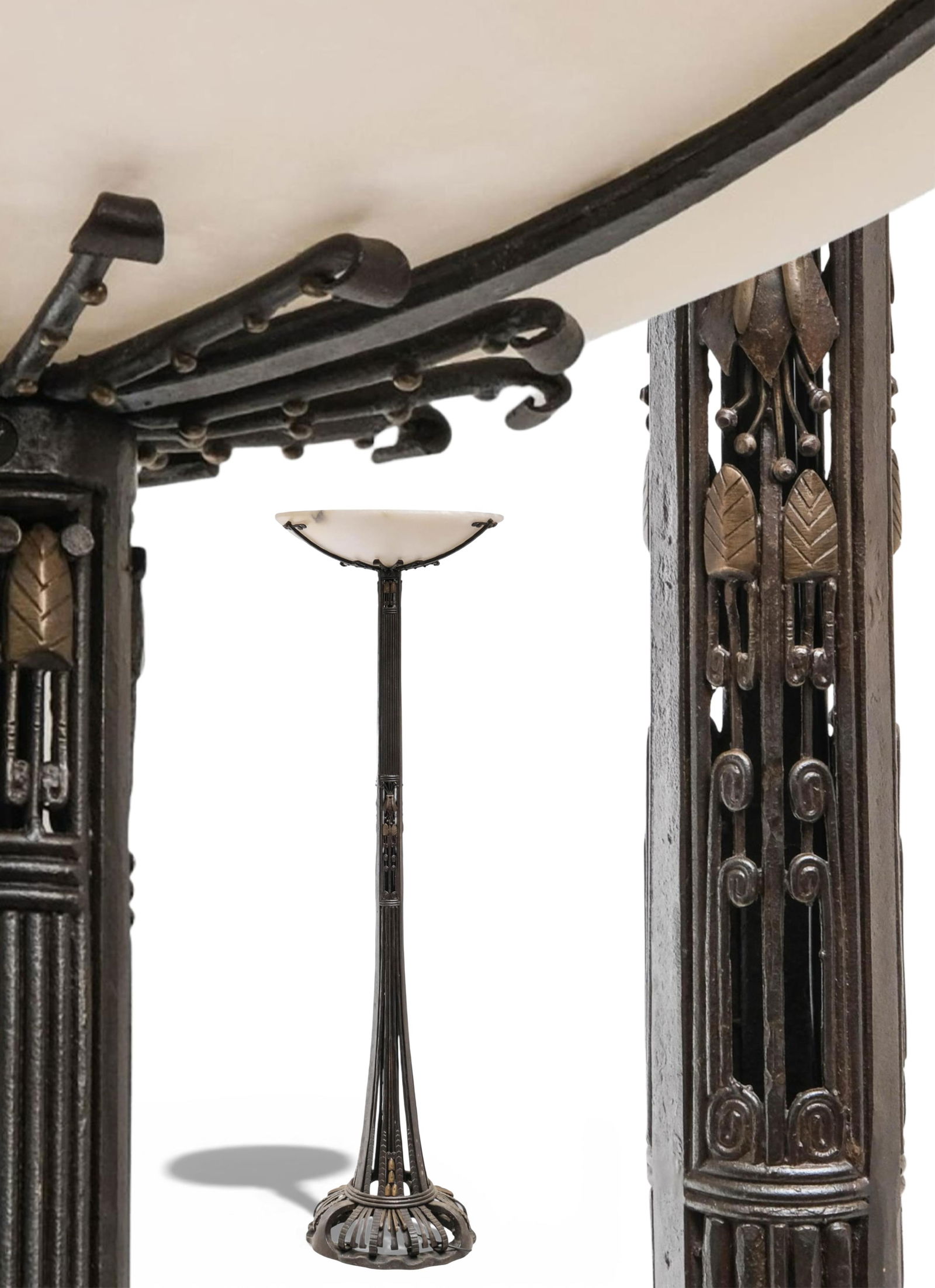 Paul Kiss or Edgar Brandt Art Deco Wrought Iron and Alabaster Floor Lamp, Circa 1930: Keywords: French Art Deco lighting, antique floor lamp, wrought iron lamp, bronze and alabaster light, early 20th century lighting, decorative arts lamp, sculptural floor light, Art Deco interior desi