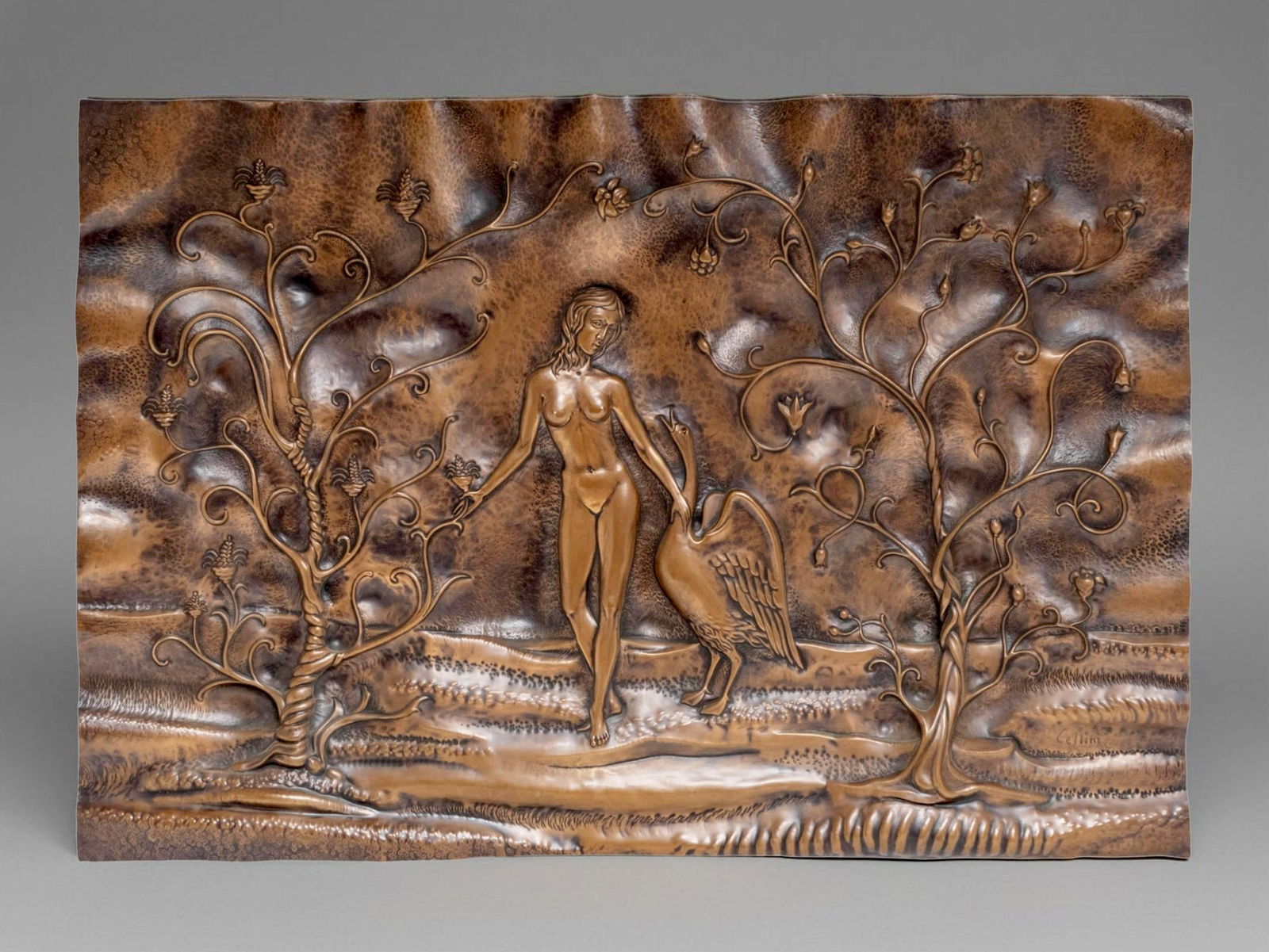 Studio Cellini Italian Copper Relief, Leda and the Swan: Keywords: No reserve, repoussé, hammered copper, Leda and the Swan, Italian wall sculpture, Art Nouveau, Symbolist movement, Classical revival decor, Modernist decorative arts, 20th century Italian
