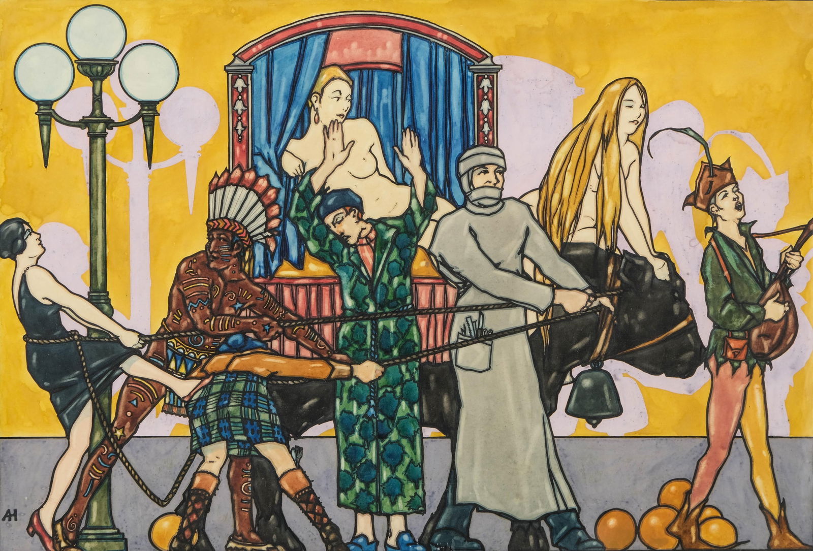 Aubrey Hammond, Art Deco Acrylic and Ink painting on Paper, Circa 1930, Signed with Monogram: Keywords: No reserve, 1930s painting, British illustrator, costume designer, stage design, acrylic on paper, monogrammed art, early 20th century, decorative arts, vintage theater scene, figurative,