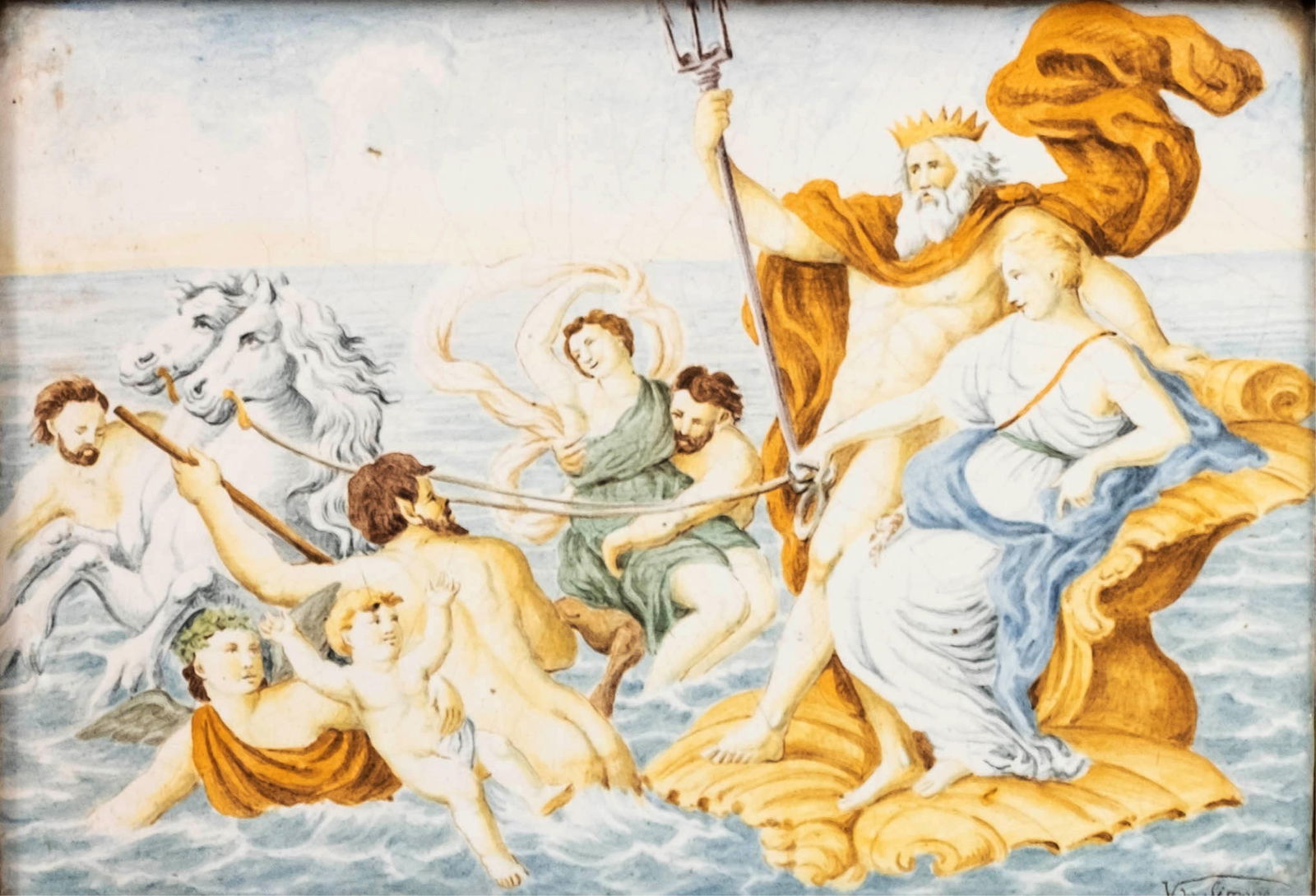 Signed V. de Simone, Nettuno and Tetti, Polychrome Earthenware Plaque, Late 18th-19th C.: Keywords: polychrome plaque, Neptune, Triton, Italian ceramic art, antique wall plaque, marine gods, Neoclassical, Romanticism, Empire Style, Academic Art, Baroque Revival, Rococo Revival,