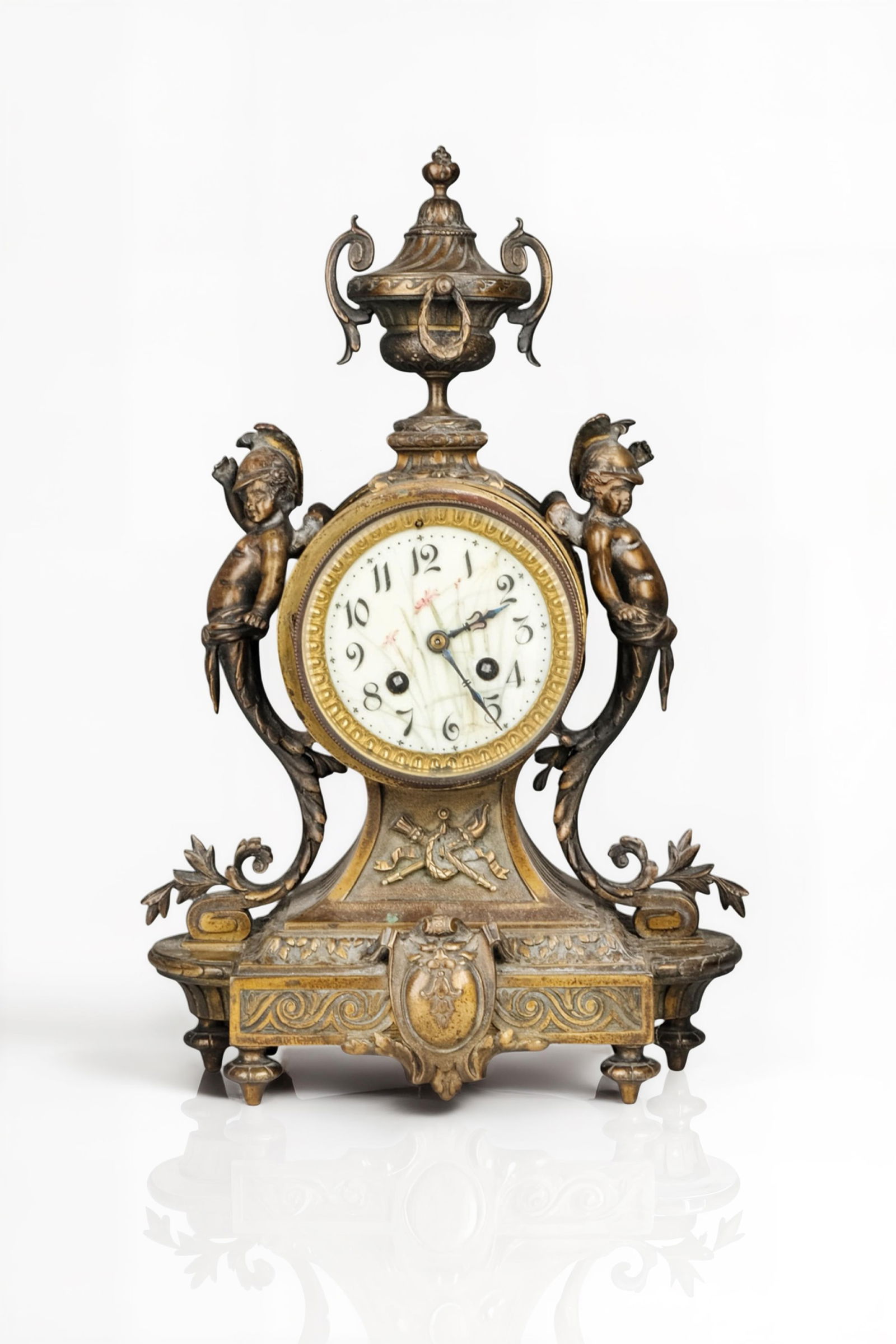 Napoleon III Bronze Violin-Form Mantel Clock with Cherubs: Keywords: French mantel clock, bronze clock, cherub clock, antique French timepiece, 19th century clock, figural bronze clock, decorative arts, ormolu, original pendulum. Summary: Napoleon III period