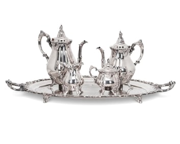 Wallace “Baroque" Silver-Plated Tea Set With Tray, 5 Pieces