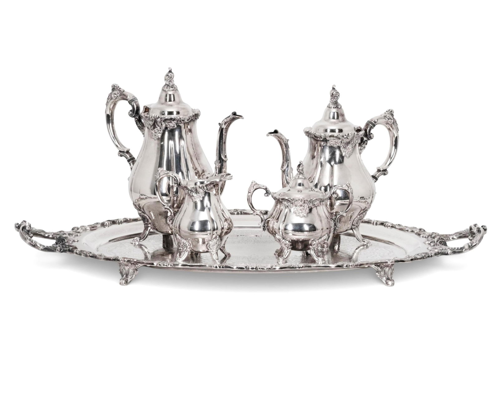 Wallace “Baroque" Silver-Plated Tea Set With Tray, 5 Pieces: Keywords: Wallace silver, Baroque pattern, silver plated, tea service, serving tray, American silver, ornate silverplate, tableware, tea set Summary: Five-piece silver-plated tea service in the