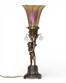 Art Nouveau Cast Bronze Figural Table Lamp With Iridescent Glass Shade