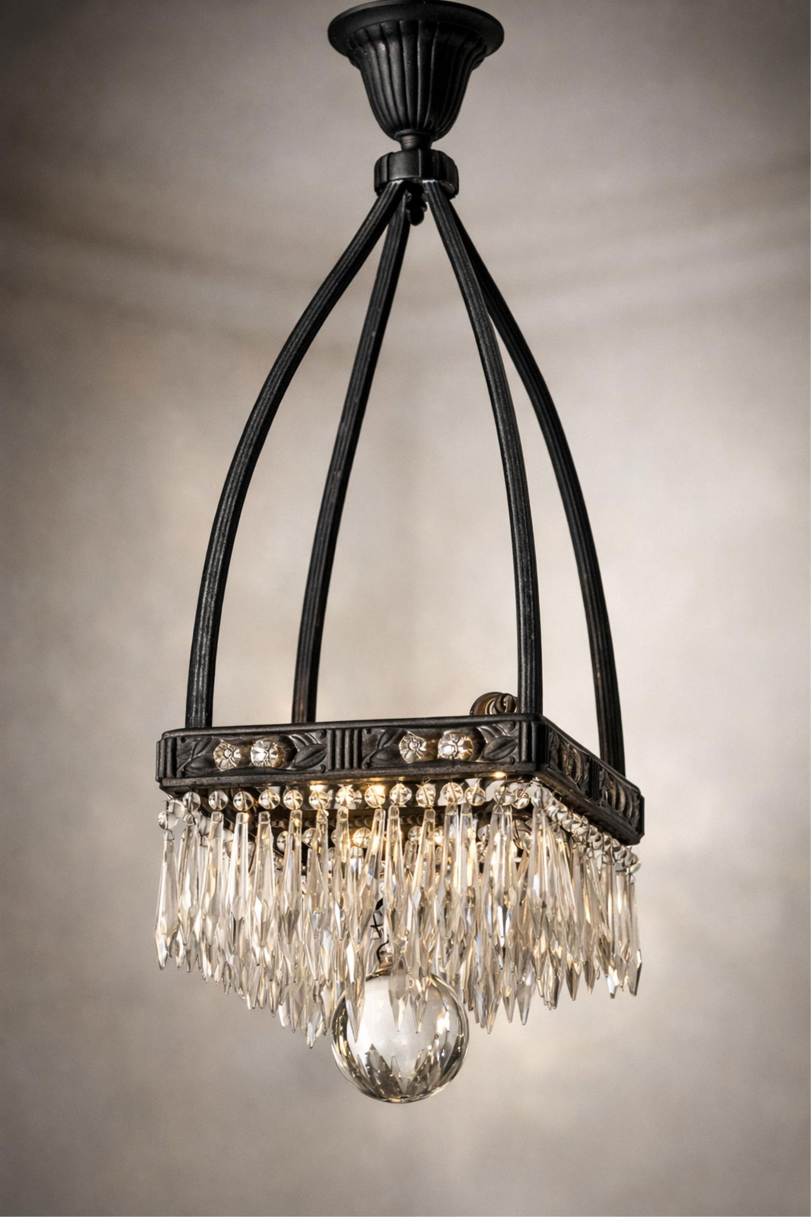 Vienna Secession Austrian Art Nouveau Chandelier in a Silver-Plated Metal Frame c.1920: Keywords: No reserve, silver-plated metal, Jugendstil, Austrian lighting, square frame, floral relief, raised flower decoration, cut glass prisms, faceted pendants, prism drops, central glass ball,