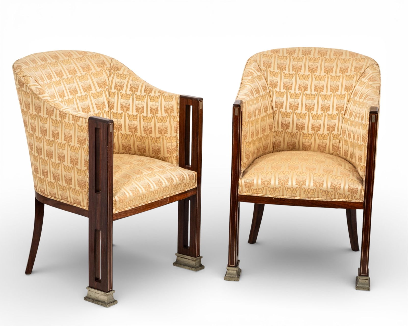 Ludwig Schmidt Vienna Secession Art Nouveau Lounge Chairs, Early 20th Century: Keywords: Ludwig Schmidt lounge chairs, Vienna modern furniture, walnut with silvered brass inlays, Vienna Secession design, custom salon suite, early 20th century, Koloman MoserSummary:Important Pair