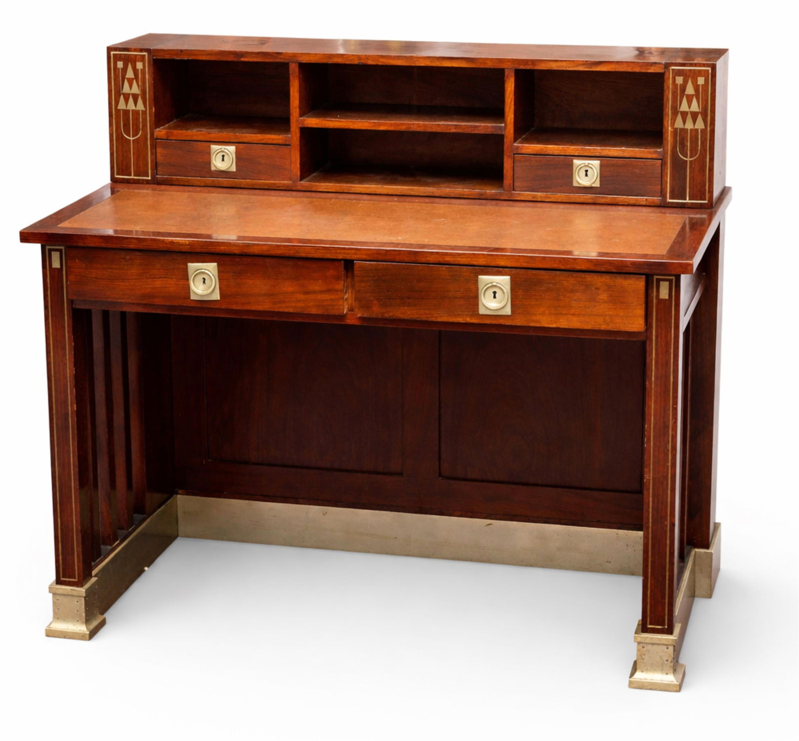 Ludwig Schmidt Vienna Secession Inlaid Writing Desk Design Koloman Moser, c. 1915: Keywords: Art Nouveau, Jugendstil, Austrian 1910s furniture, geometric motif, secretary/bureau, pigeonholes & drawers, rectilinear designSummary:Ludwig Schmidt Vienna secession inlaid walnut writing d