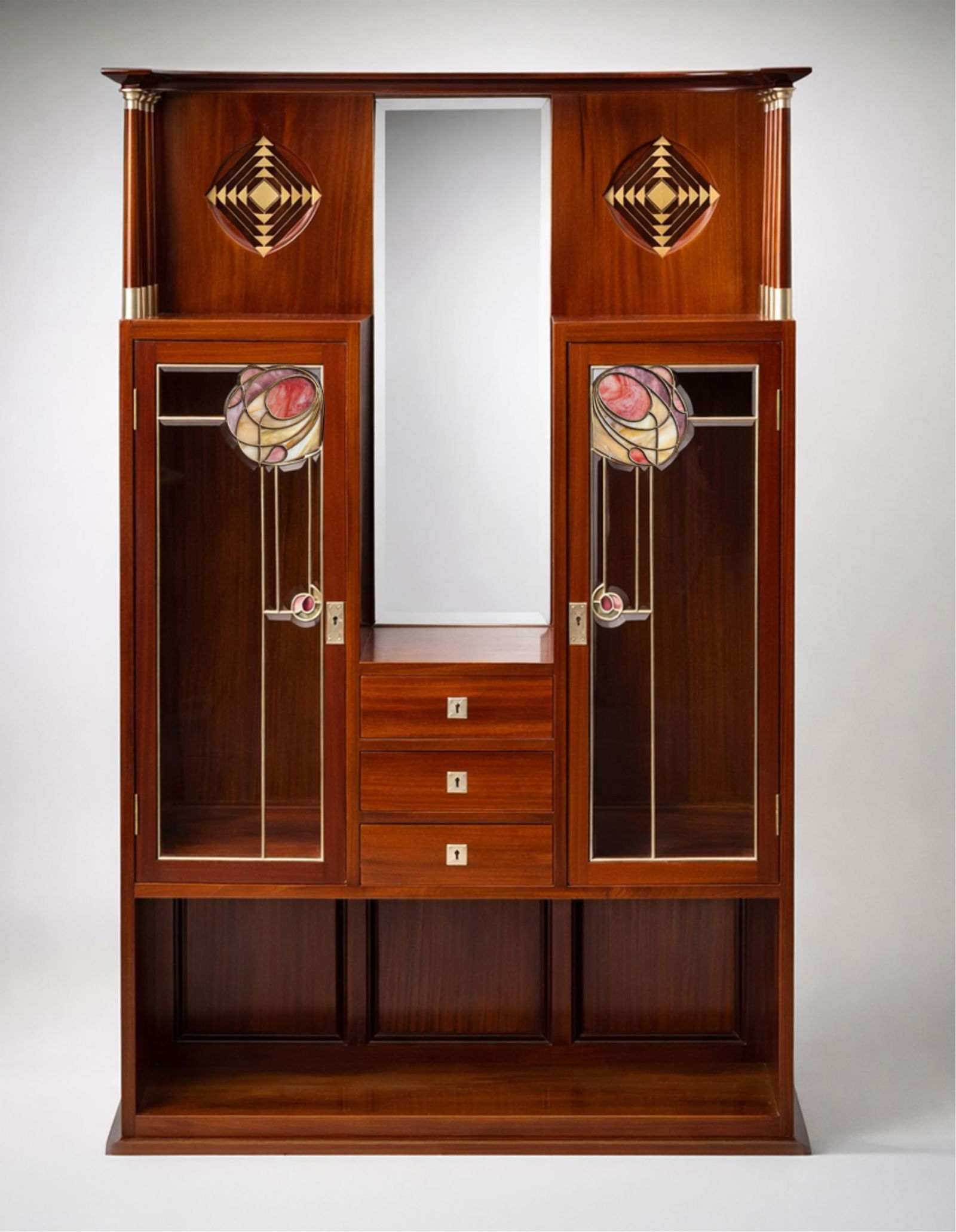 Important Josef & Julius Herrmann Vienna Secession Art Nouveau Cabinet, Circa 1900: Keywords: Austrian cabinet, Jugendstil, stained glass cabinet, mirrored cabinet, inlaid wood, mahogany cabinet, leaded glass, floral motif, turn of the century furniture, Austrian design,