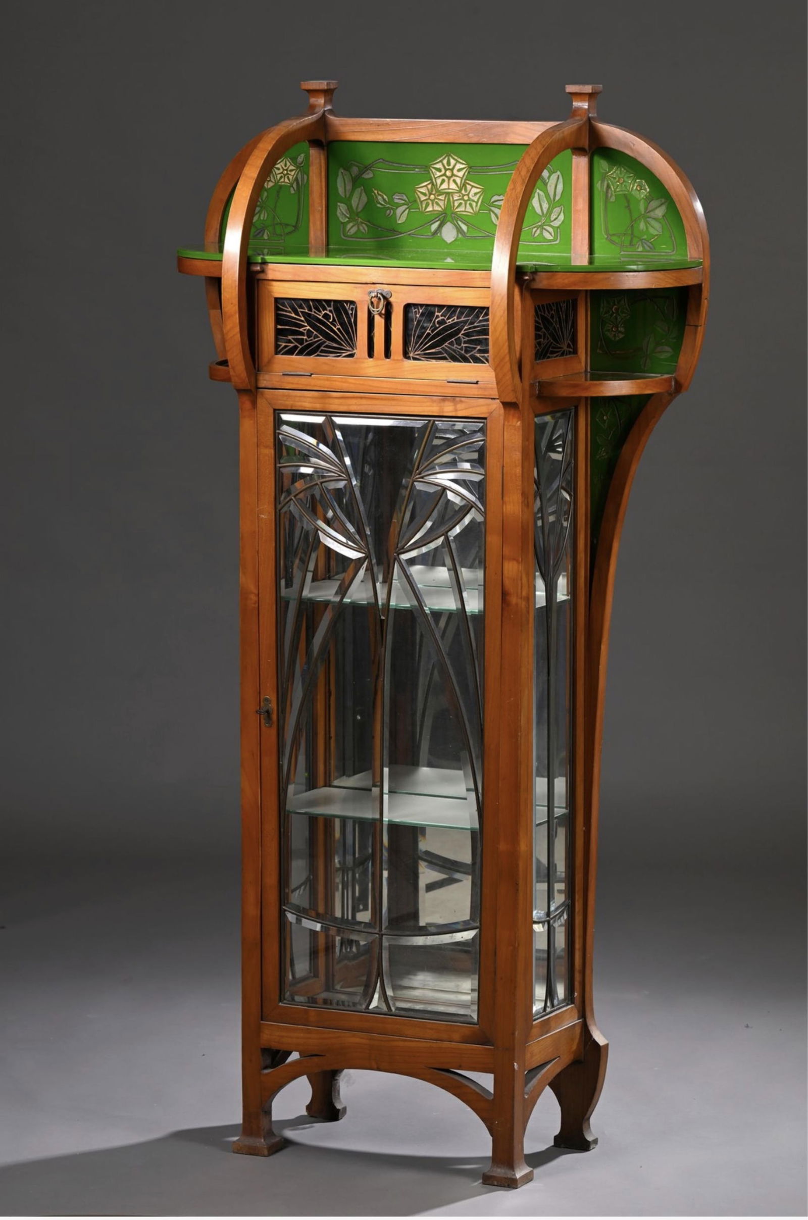 Art Nouveau Austrian Vienna Secession Walnut Display Cabinet with Enameled Glass, Circa 1900 (1 of 8)