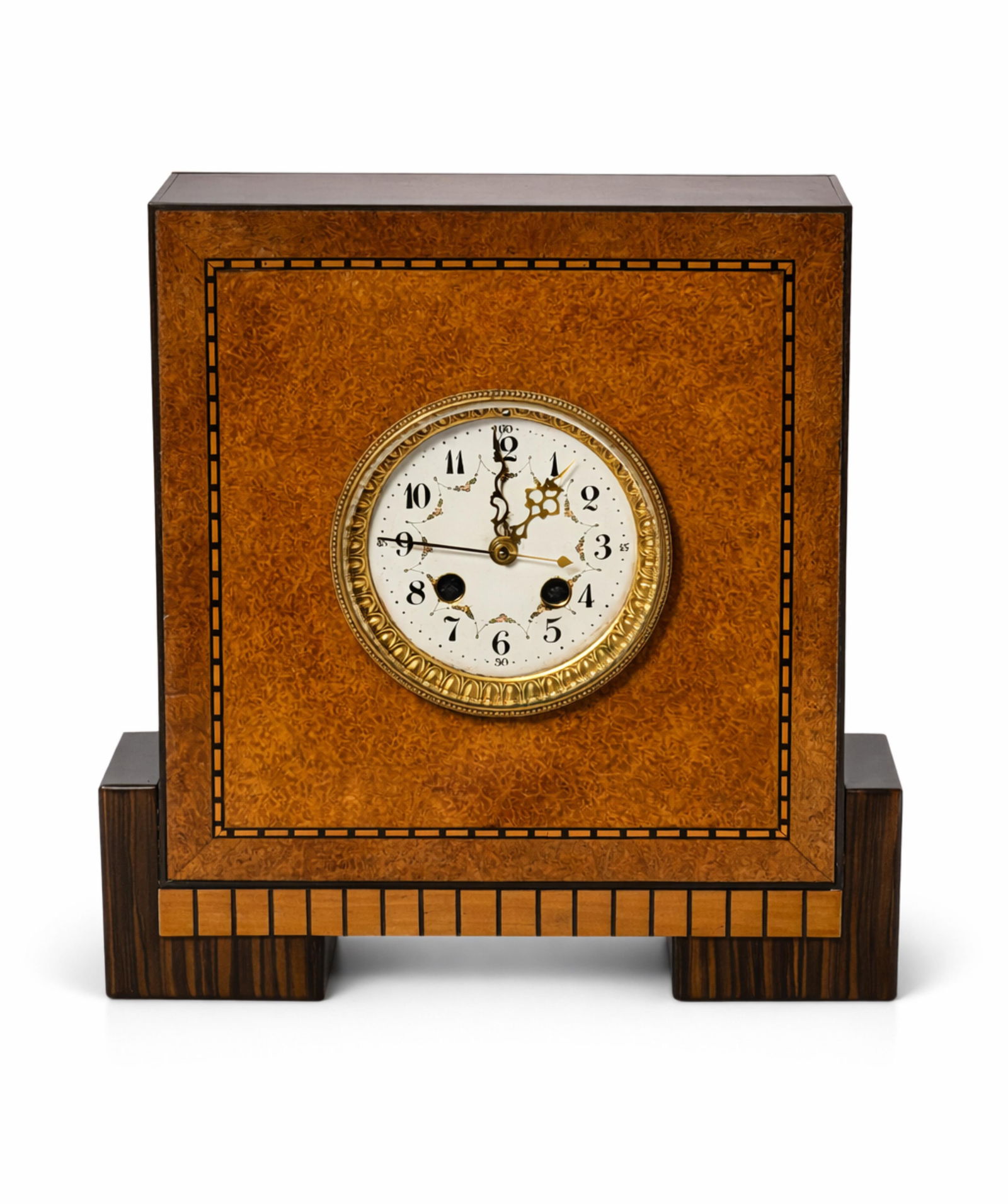 Vienna Secession Jugendstil Burl Veneer Mantel Clock, Circa 1910–1930: Keywords: No reserve, Jugendstil, Art Nouveau, Austrian, early 20th century, geometric design, inlaid border, exotic wood veneer, brass bezel, enamel dial, floral accents, Arabic numerals, ornate