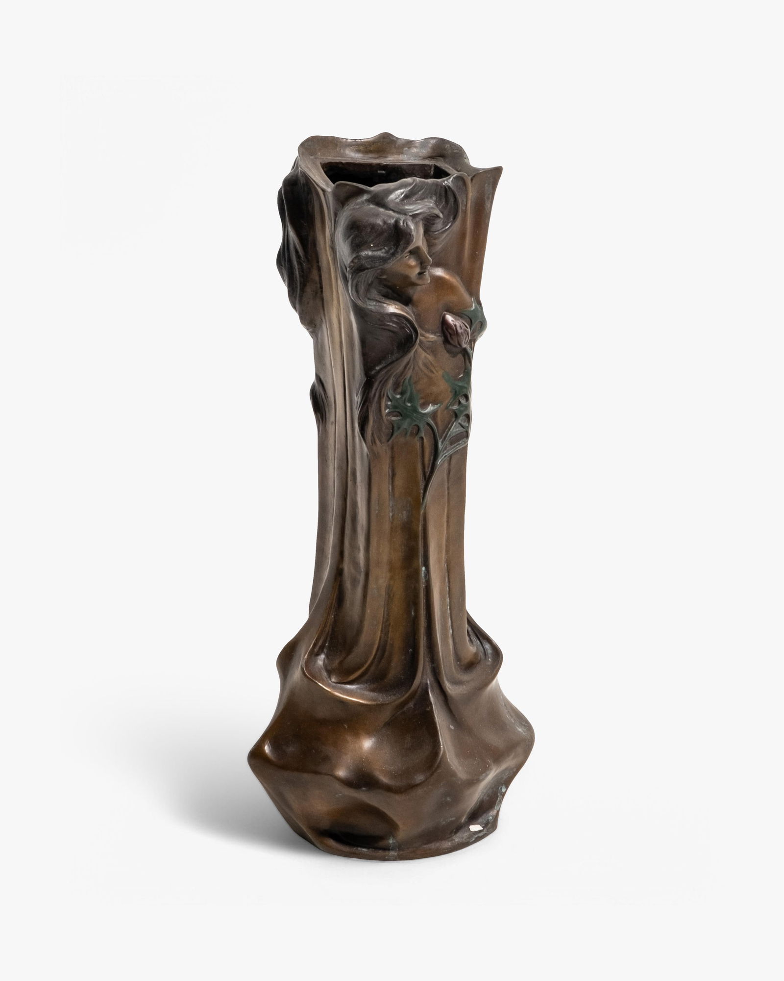 Francesco Flora Signed Art Nouveau Patinated Bronzed Metal Vase 17" circa 1900: Keywords: Art Nouveau, Jugendstil, Secessionist, Belle Epoque, Fin de siecle, Symbolism, Louis Majorelle style, Rene Lalique style, Alphonse Mucha style, patinated bronze, early 20th century,
