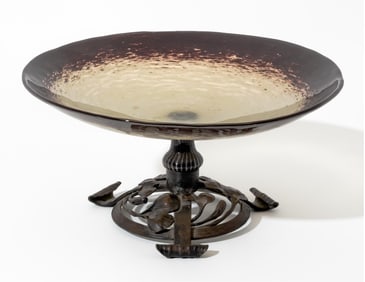 Charles Schneider Art Nouveau Art Glass Centerpiece Bowl on Bronze Pedestal, Signed