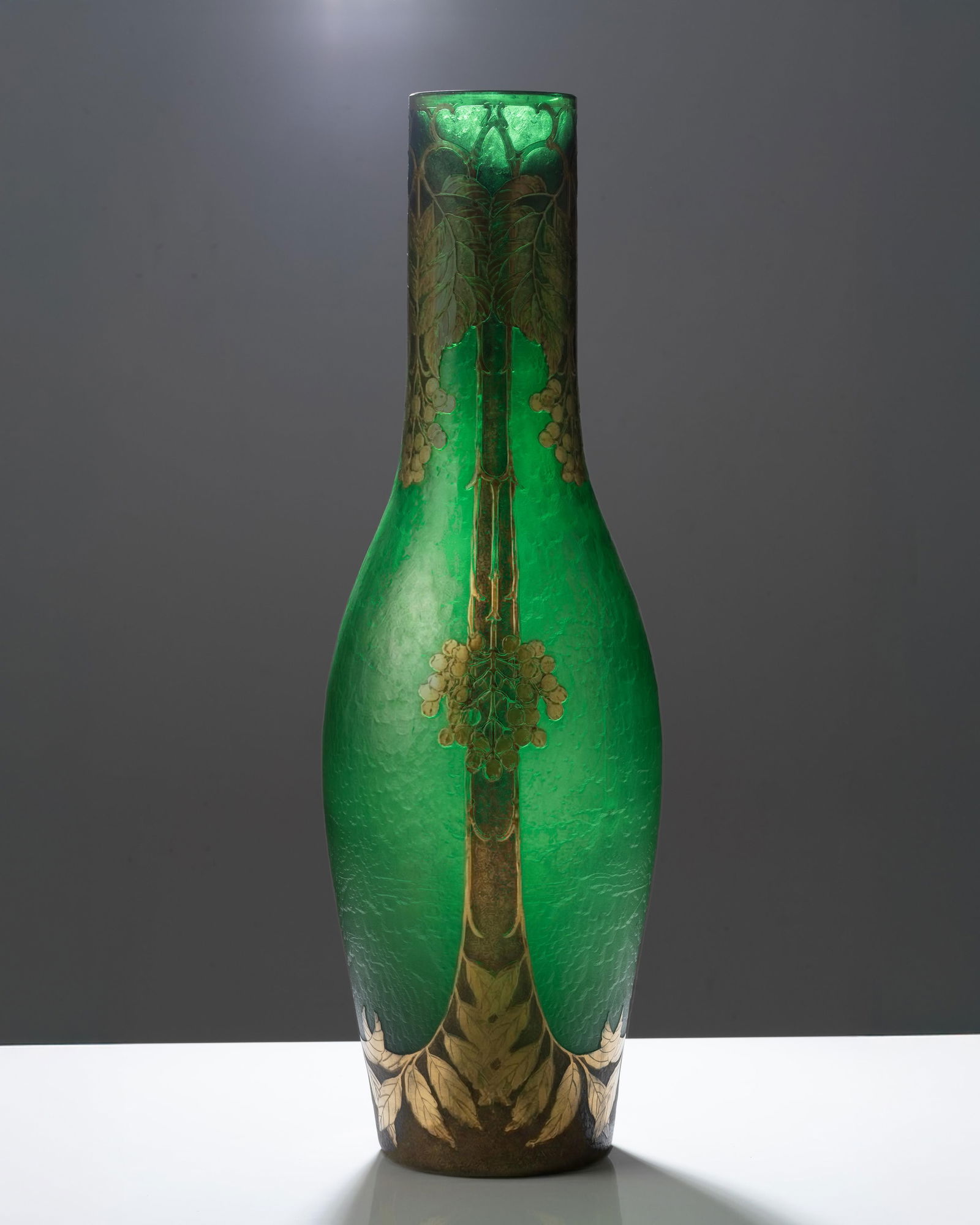 Legras signed Tall 26-inch Sonderland French Art Nouveau Art Glass Vase, Circa 1900's: Keywords: Belle Epoque, France, Saint-Denis, botanical motif, vine leaves, gilded decoration, acid-etched surface, textured surface, centerpiece, early 20th century design, studio art vessel,