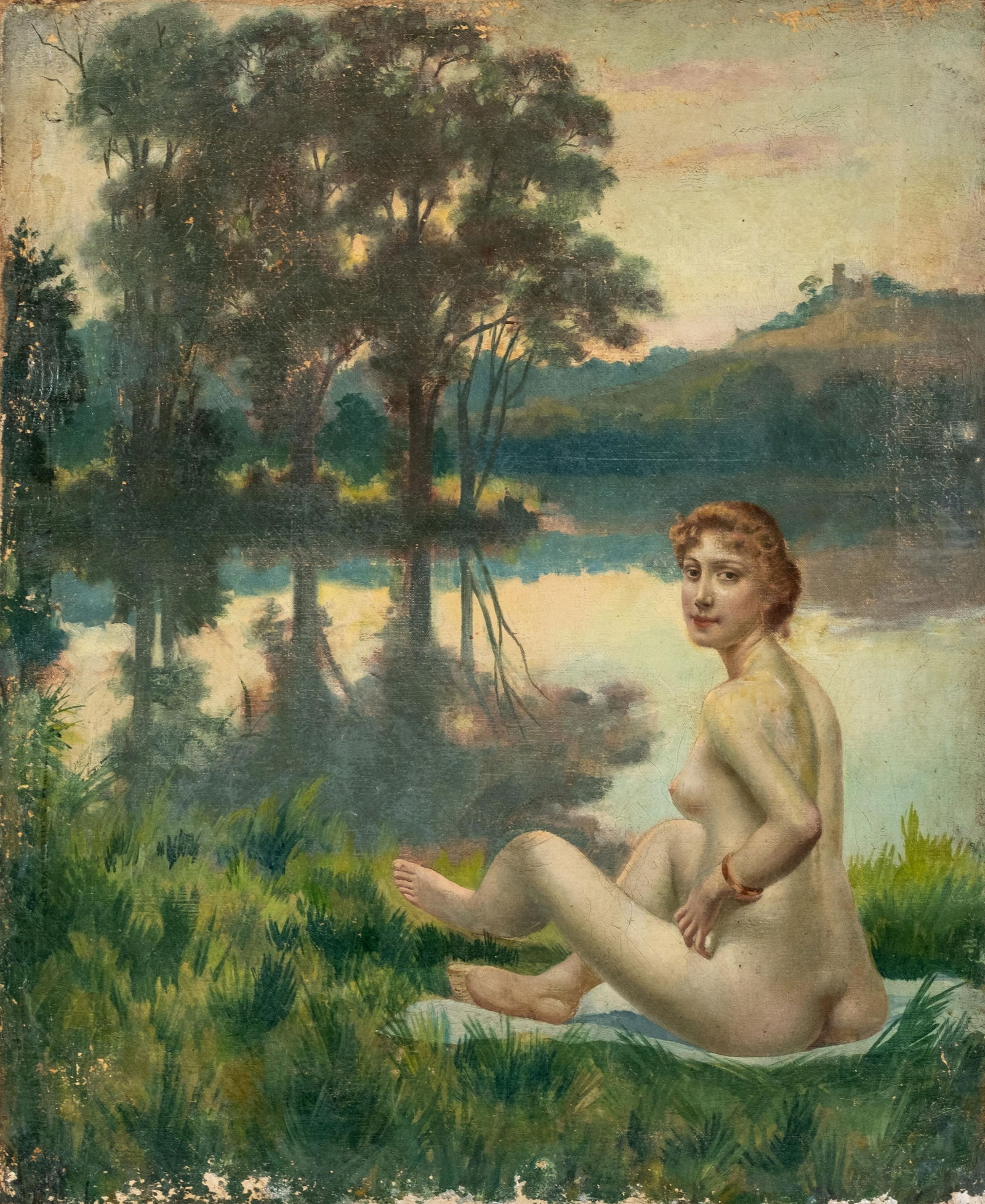 Art Nouveau Bather By Lake Oil on Canvas Painting: Keyword: No reserve, bather, female model, romantic landscape, waterside, French Painting, Jugendstil, twilight sky, distant ruins, belle epoque, symbolist mood, antique wall art, landscape Art