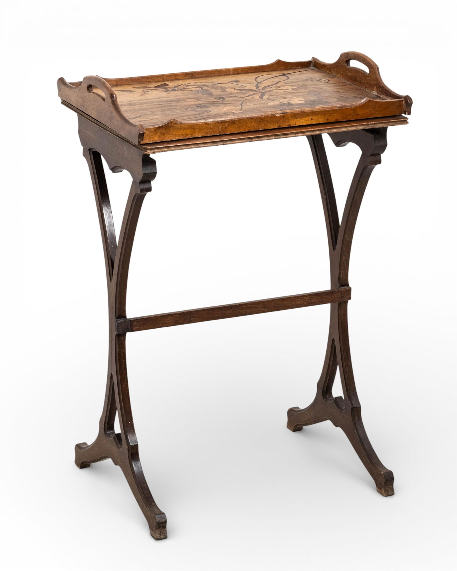 Signed Mercier Nancy Art Nouveau Marquetry Tray Table: Keywords: French Art Nouveau, Nancy School, Mercier, marquetry inlay, floral inlay, butterfly motif, serving tray table, occasional table, side table, Belle Époque, Jugendstil, folding stand, mixed w