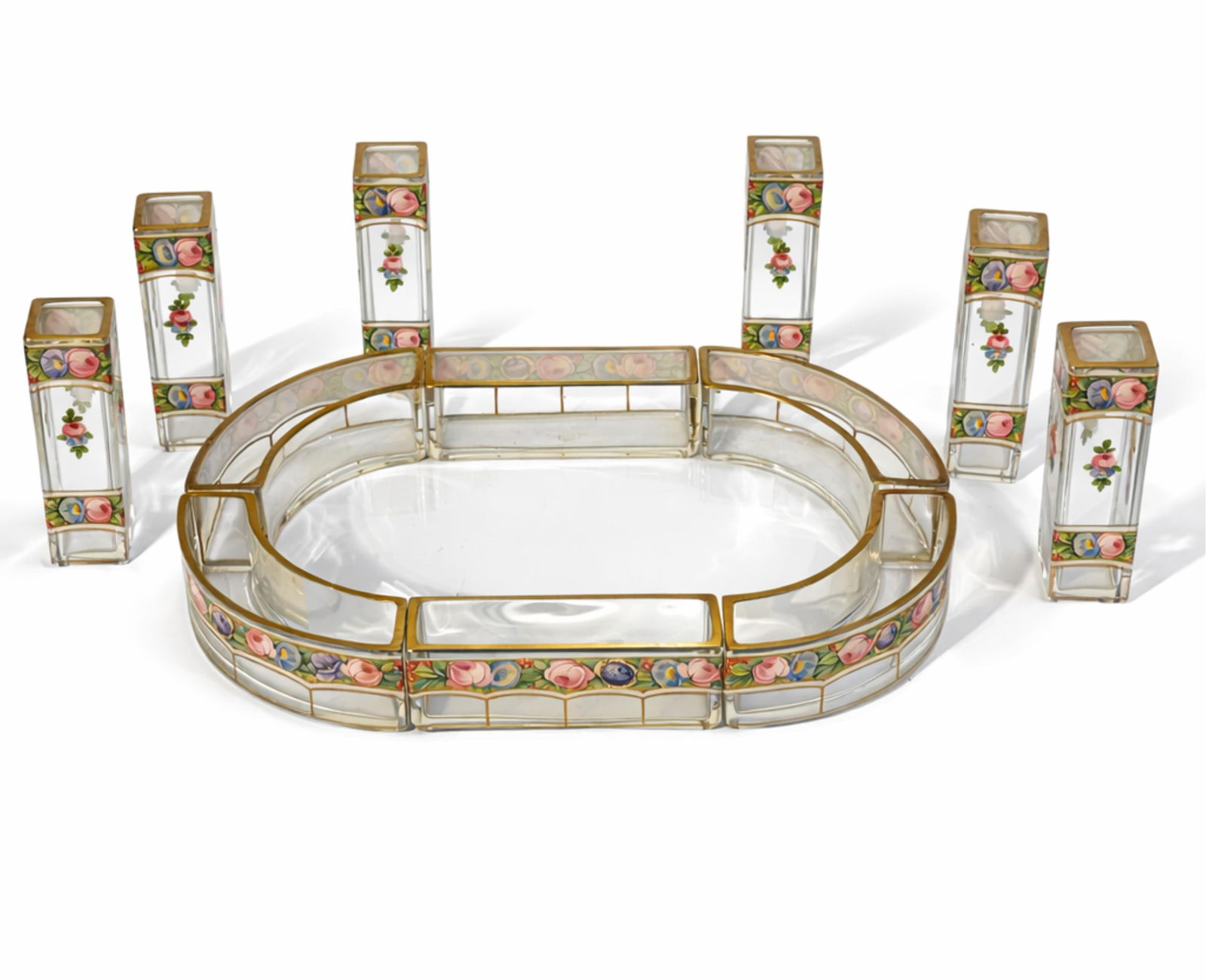 Austrian Art Nouveau Hand-Painted Art Glass 12-Piece Table Centerpiece Set, Circa 1900: Keywords: Jugendstil Movement, Belle Époque Period, Turn of the Century Design, Gilt Accents, Romantic Motifs, Mythological Figures, Rococo Revival Influence, Decorative Table Garniture, Salon