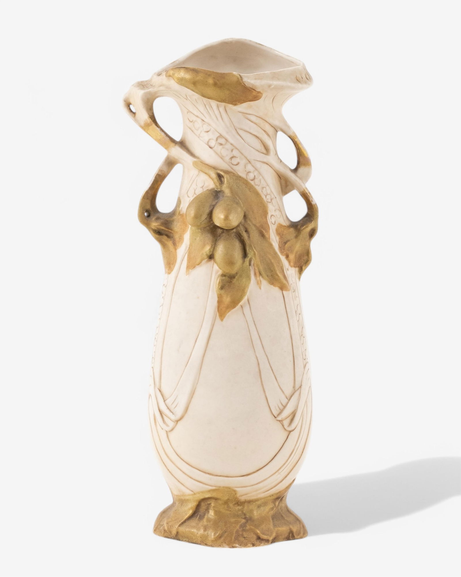 Art Nouveau Royal Dux signed 12" Porcelain Floriform Vase, Early 20th Century: Keywords: No reserve, Czech pottery, decorative vase, plant decorations, floral design, 20th-century ceramics, European porcelain, collectible vase, home decor, artistic pottery, ornamental vase,