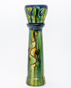 Flemish Art Nouveau Polychrome Art Pottery Abstract Planter on Pedestal, Early 20th Century